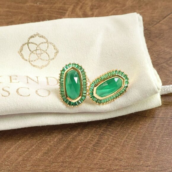 New Kendra Scott Baguette Ellie Green Mix Gold Stud Earrings - Picture 2 of 2